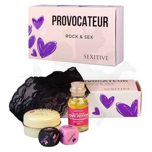 Kit provocateur rock & sex Pluma + Antifaz + Aceite + Gel